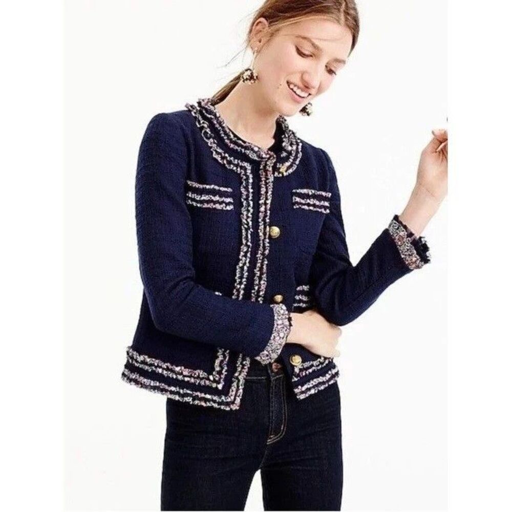 J.Crew Lady Jacket Liberty of London Floral Trim Navy Tweed Cropped Blazer